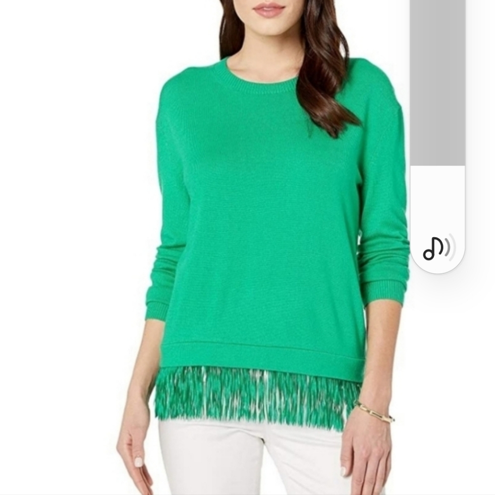 Lilly Pulitzer Emerald Green Crewneck Sweater with Fringe Hem